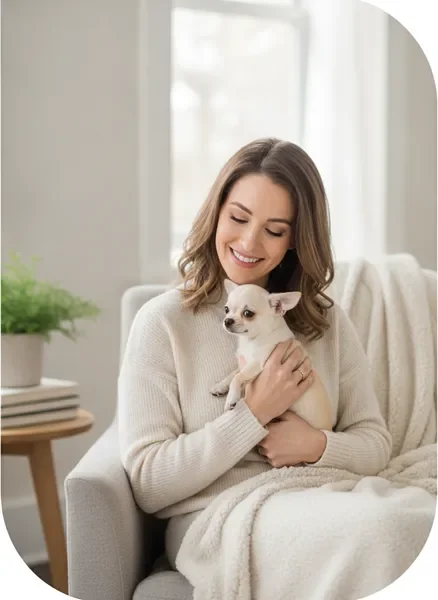 Alexia Phipps holding a Chihuahua puppy in a warm home setting