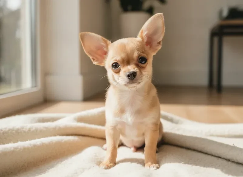 Fawn Chihuahua puppy with large ears sitting on a cream blanket