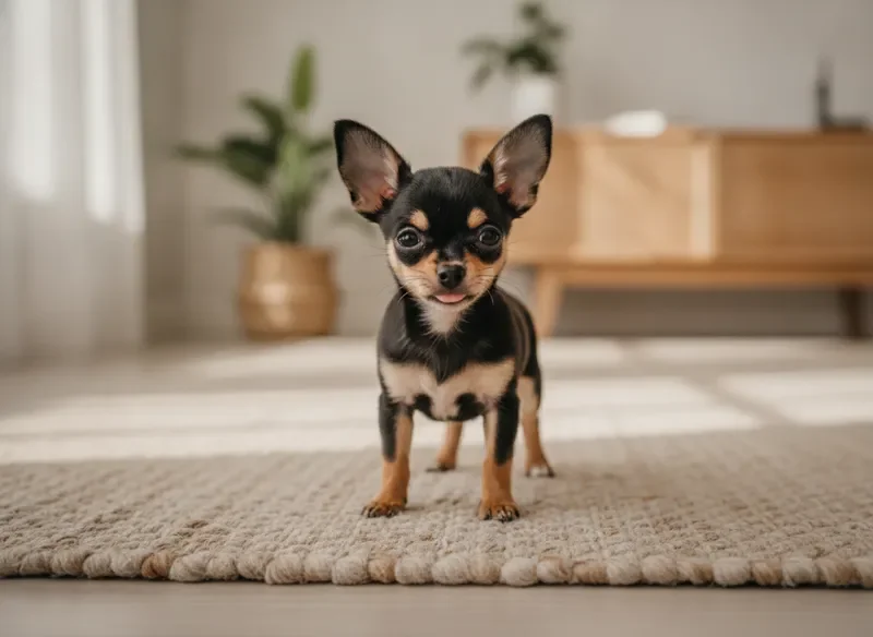 Black and tan Chihuahua puppy standing on a beige rug