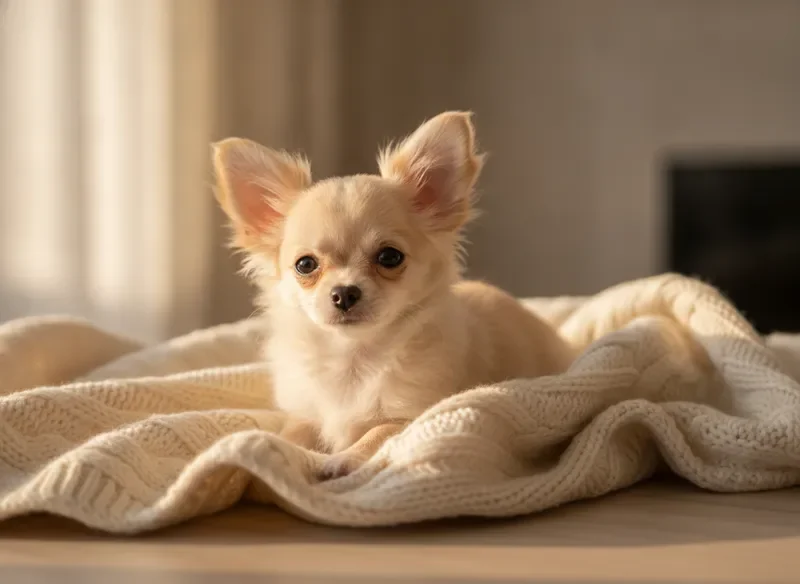 Cream long-coat Chihuahua puppy with fluffy ears on a knitted throw