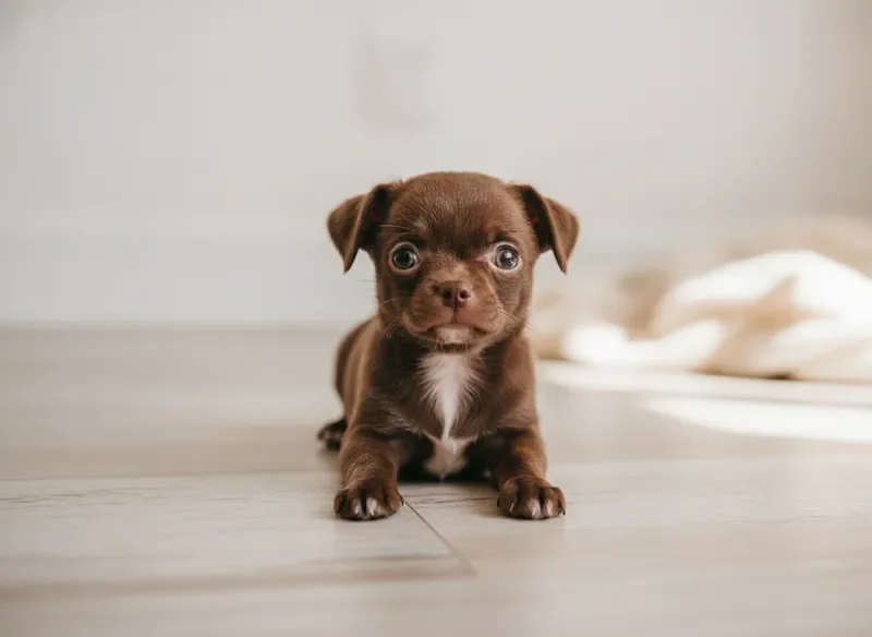 Chocolate brown Chihuahua puppy with white chest patch lying on wooden floor