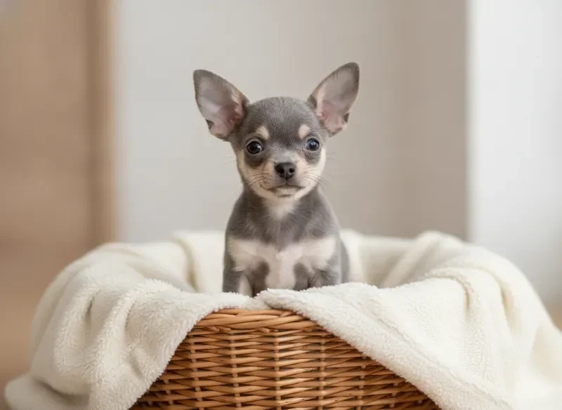 Blue and tan Chihuahua puppy sitting in a woven basket with cream blanket