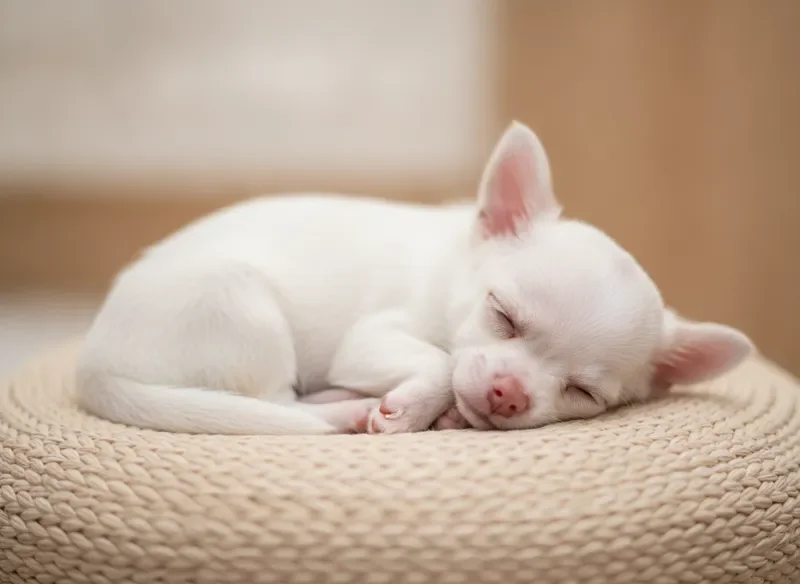 White Chihuahua puppy sleeping curled up on a round beige cushion