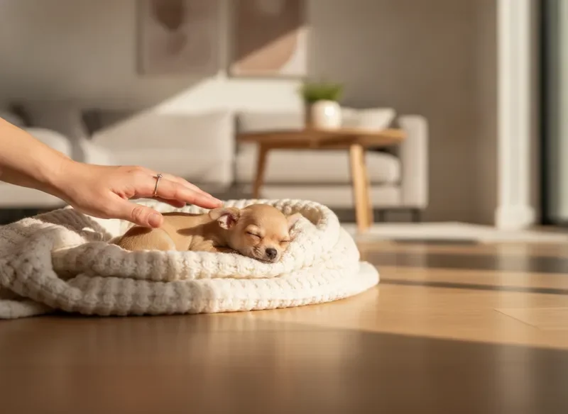 Adorable Chihuahua puppy resting on a cozy blanket in a home environment