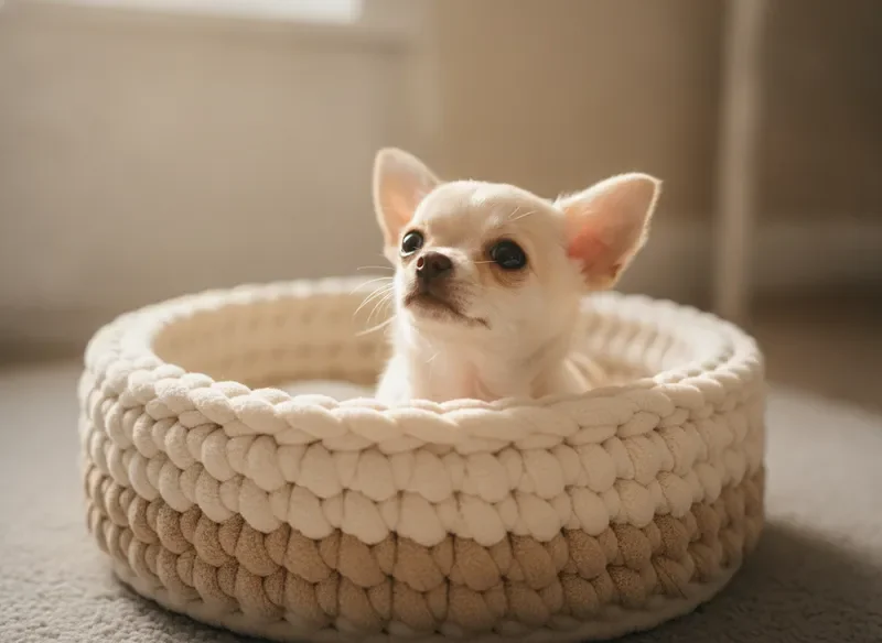 Adorable Chihuahua puppy looking up from a cozy bed