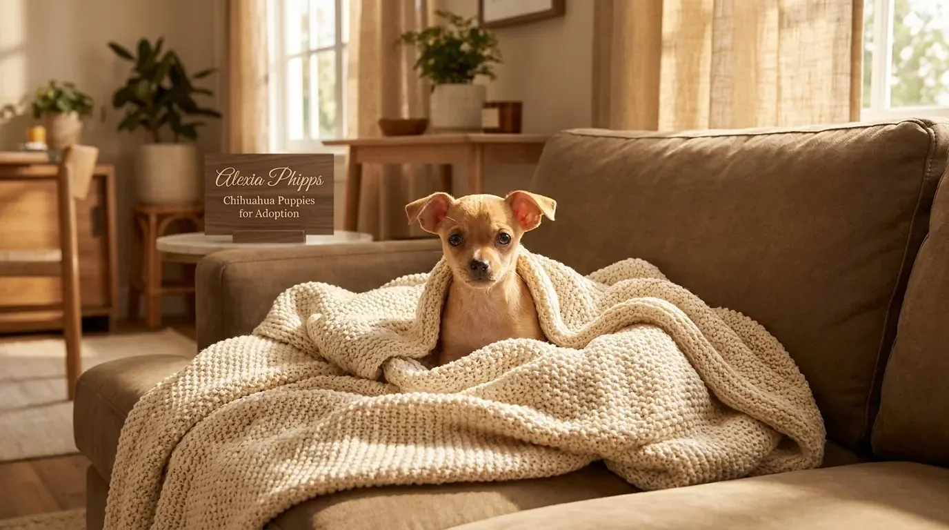 Adorable Chihuahua puppy wrapped in a cream blanket in a warm, softly lit home