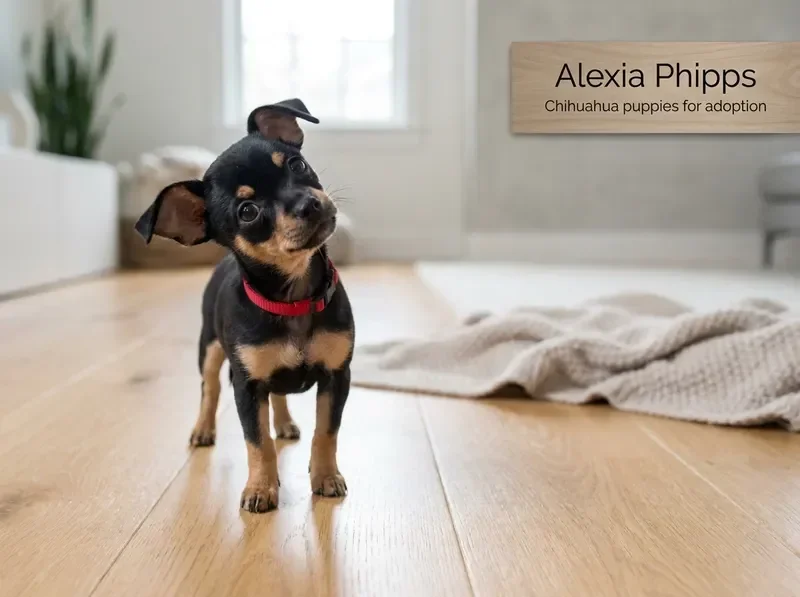Black and tan short-haired Chihuahua puppy standing