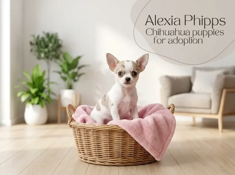 White and fawn Chihuahua puppy in a wicker basket